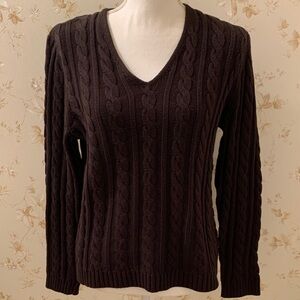 Lauren Ralph Lauren Dark Brown V-Neck Cable Knit Sweater PL